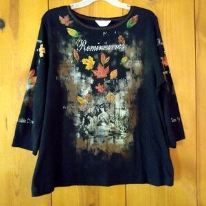 C.J.Banks Fall Motif Knit Cotton 3/4 Sleeve Top